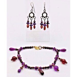 Bohemian Beaded Hoop Dangle Earrings and Bracelet Set Purple Pink Gemstones Vtg